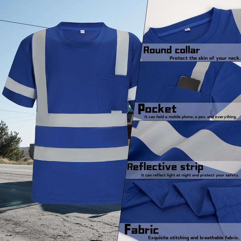 Wuple Store Safety Shirts for Men Construction Short Sleeve Quick Dry with Pocket Workwear, Class 3 High Visibility Shirts with Reflective Strips Blue XL 3PCS - Image 3